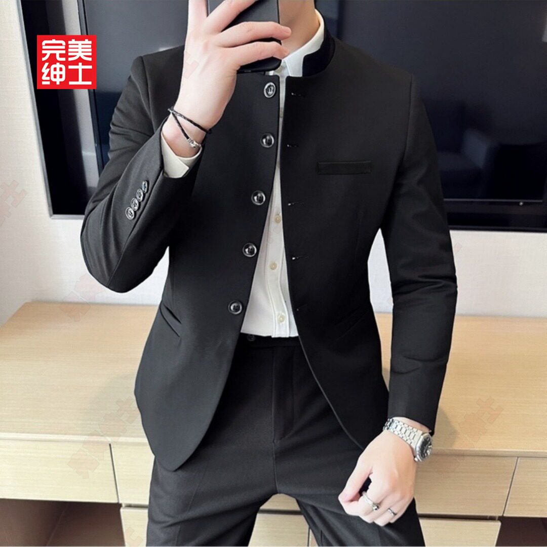 新式中山装男潮流痞帅修身中华立领演出婚礼唐装外套青年西服套装