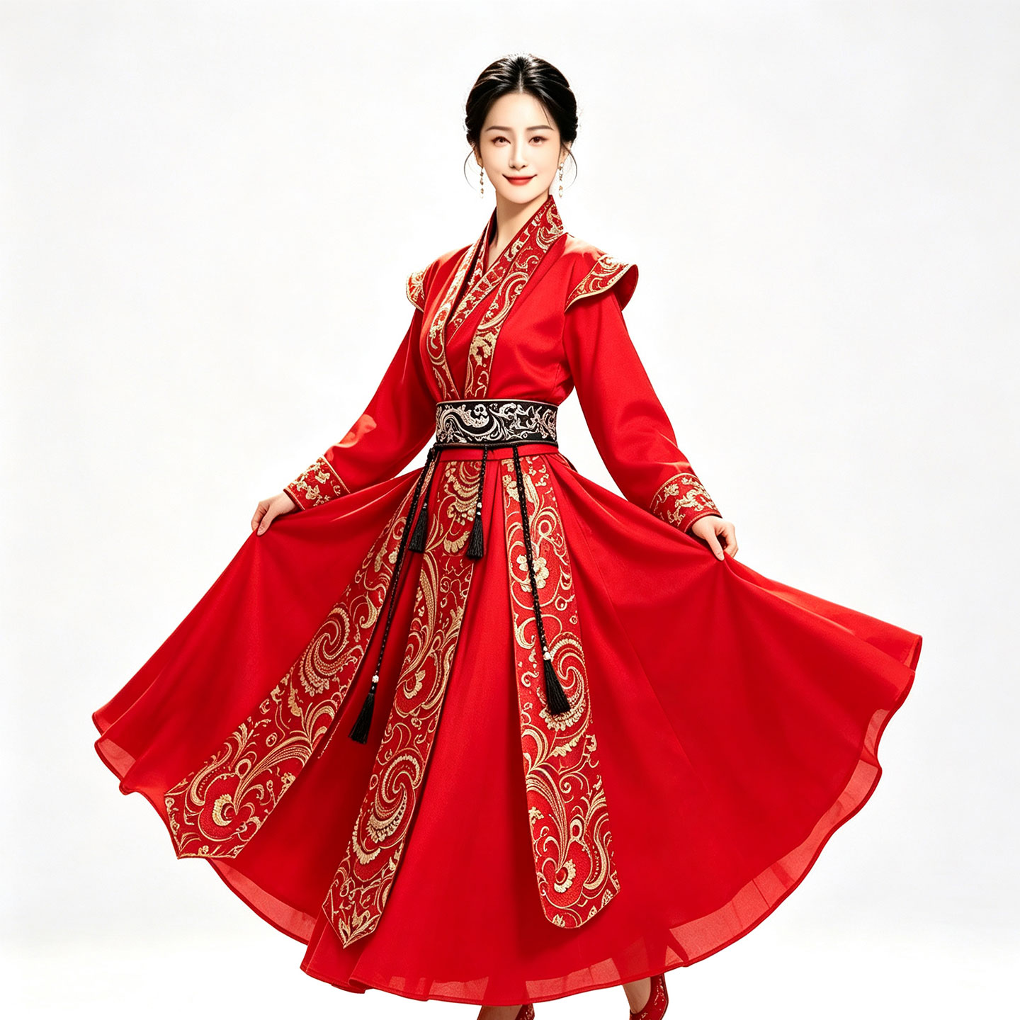 套马杆中国风红色古装演出服女打鼓服古典舞蹈服侠客花木兰珊瑚颂