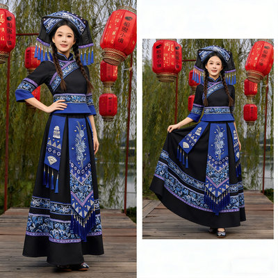 少数民族风壮族服女锦绣五彩踏青山歌迎三月三演出服蓝长裙舞蹈服