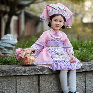 吉量儿童舞蹈演出服装女孩少数民族风女童紫色套装广西丽江三部曲