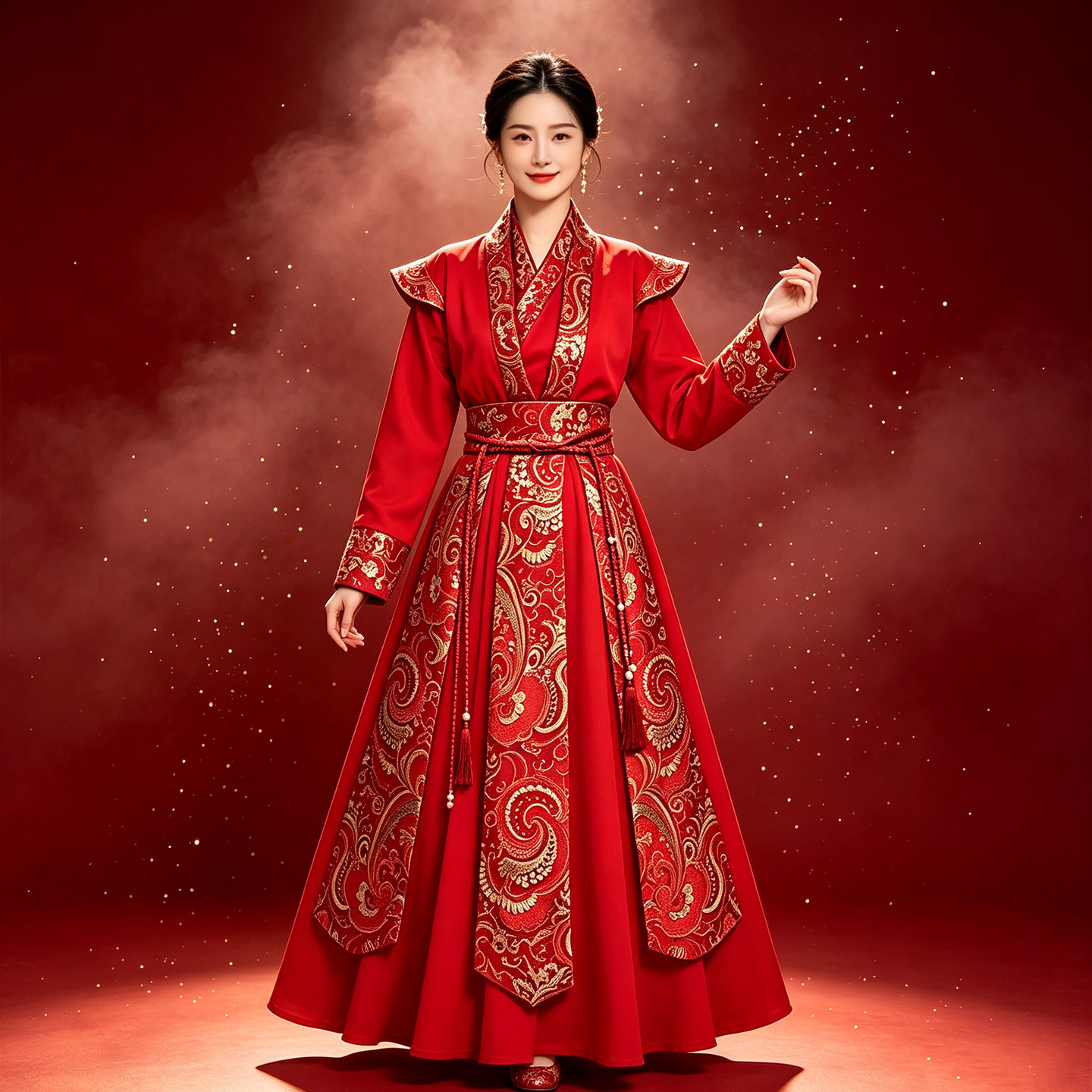 套马杆中国风红色古装演出服女打鼓服古典舞蹈服侠客花木兰珊瑚颂