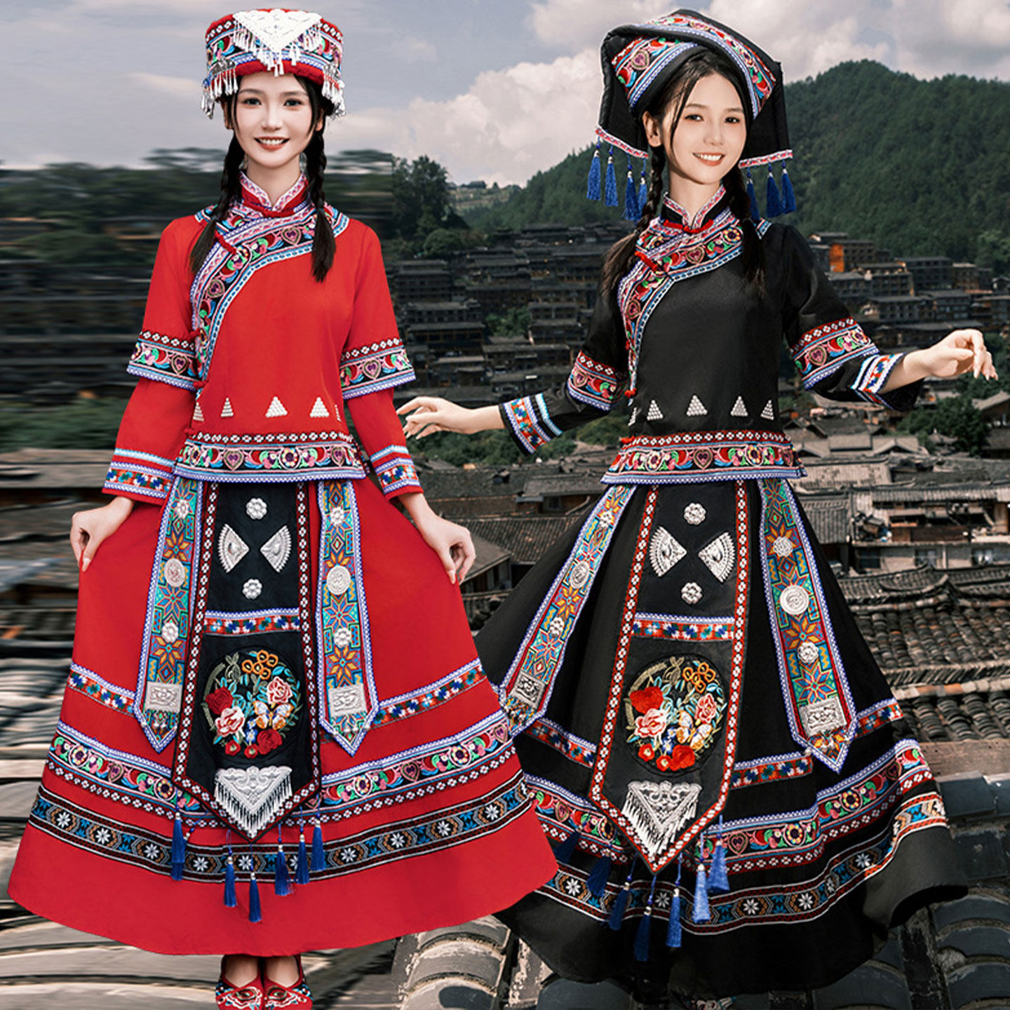 少数民族风壮族服女长裙舞蹈吉量锦绣五彩踏青山歌迎三月三演出服
