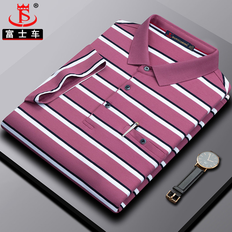 中年男士t恤短袖翻领夏季宽松爸爸纯棉polo衫休闲条纹中老年男装