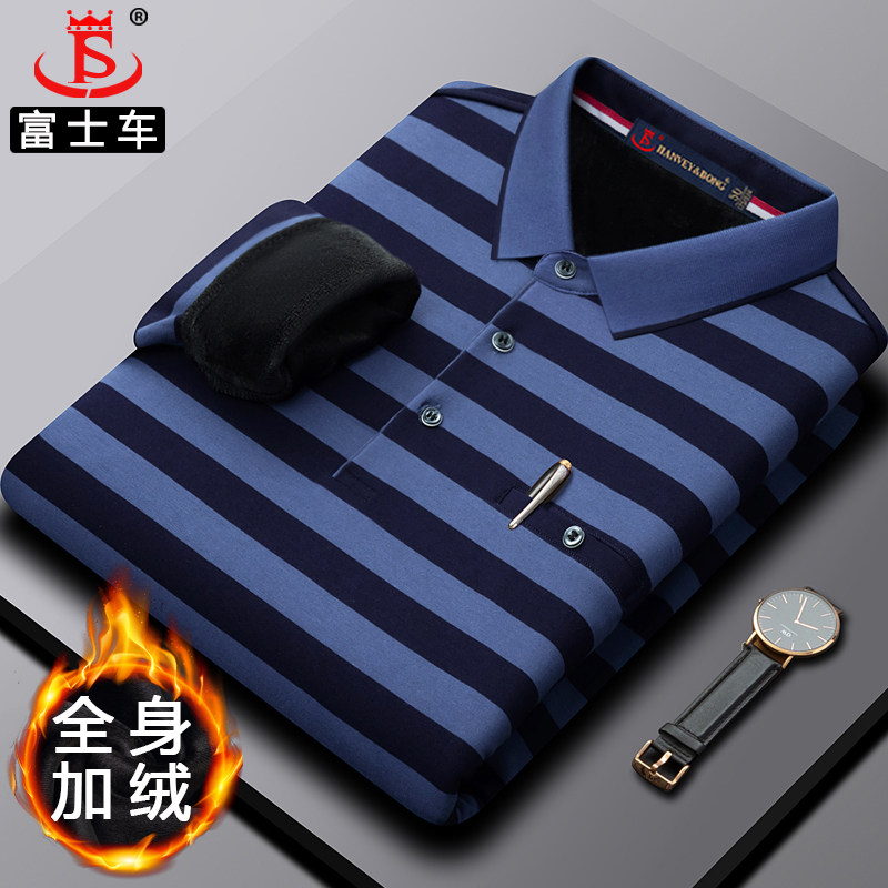 中老年男士长袖t恤冬季加绒加厚翻领爸爸Polo衫保暖高端男装上衣
