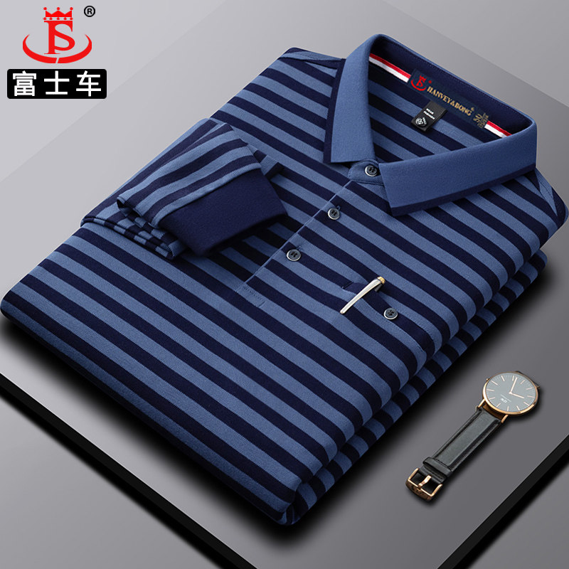 新款春秋爸爸长袖t恤纯棉条纹男士polo衫宽松中老年翻领男装上衣