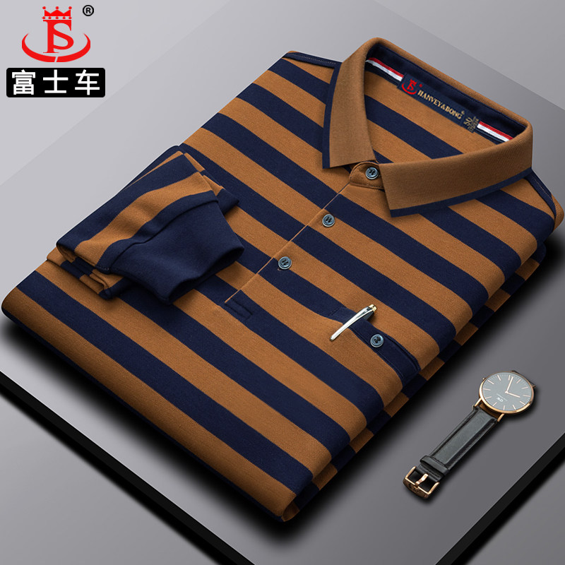 中老年男士长袖t恤翻领条纹纯棉爸爸上衣品牌宽松中年Polo衫男装
