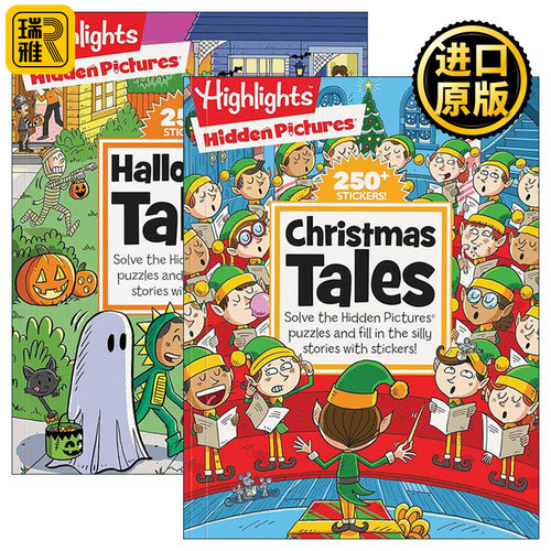 英文原版 Highlights Hidden Pictures Silly Sticker Stories 圣诞节/万圣节故事集2册 寻找隐藏图片 故事排序贴纸 进口原版书籍