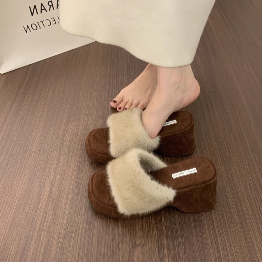 厚底毛毛拖鞋女外穿2025秋冬新款百搭小个子增高一字拖居家棉拖鞋
