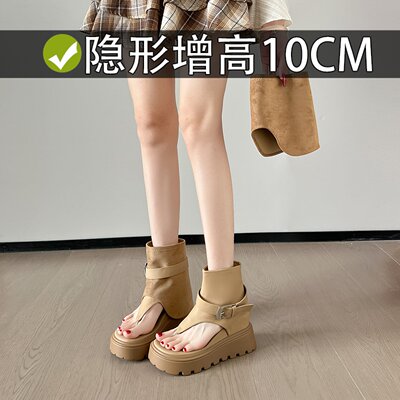 10cm内增高夹趾凉靴女外穿2026夏季新款厚底皮带扣裤管罗马凉鞋女