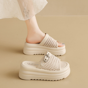 百搭休闲松糕一字拖沙滩鞋 外穿2026新款 女夏季 7CM厚底增高凉拖鞋