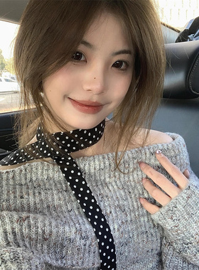 韩系黑色波点丝巾女法式春夏小众