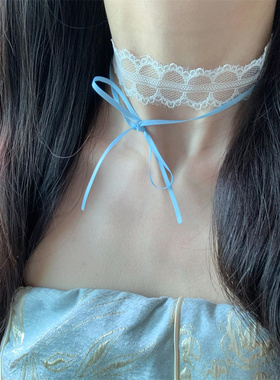 甜酷辣妹蓝色蝴蝶结蕾丝绑带项链