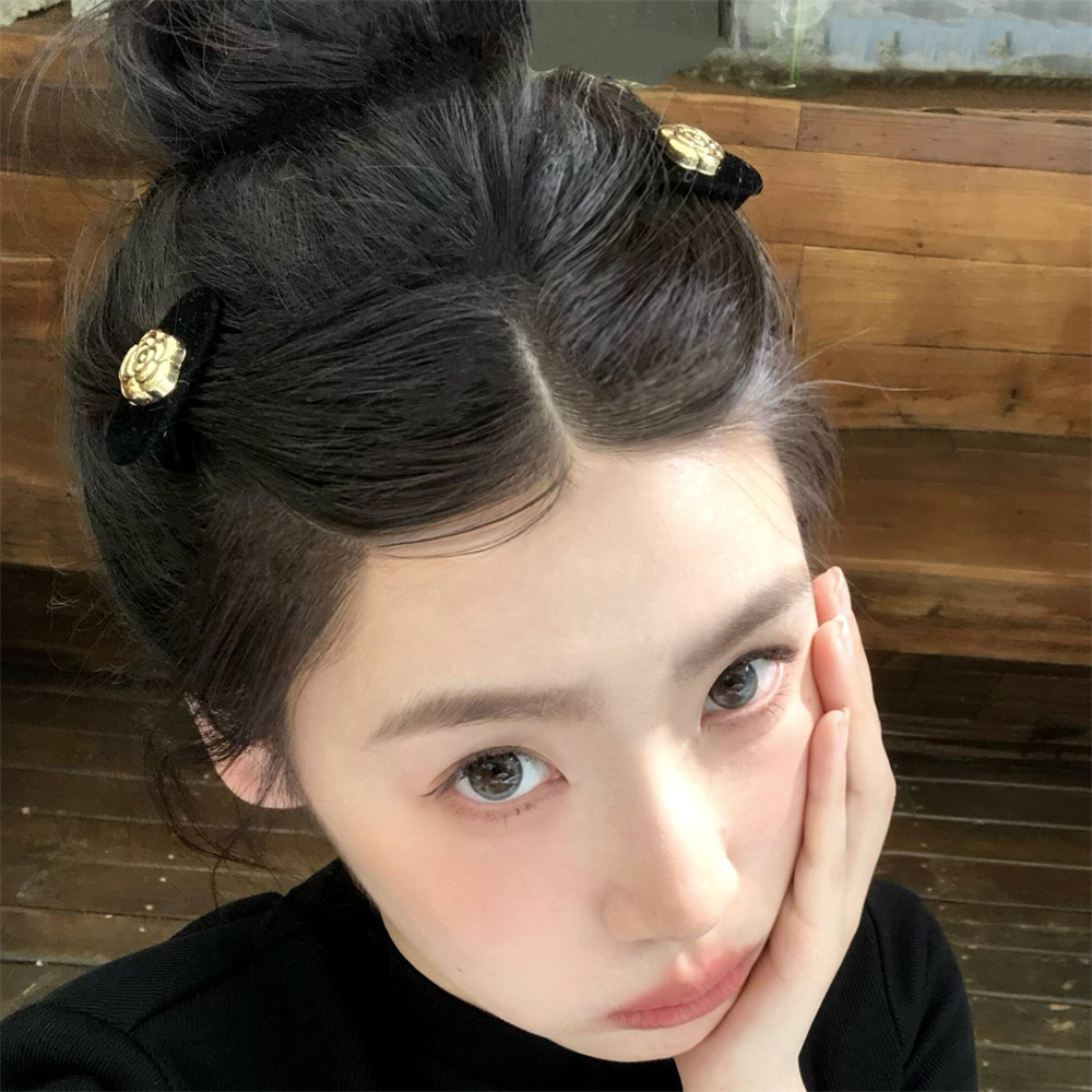 zoozmini黑色丝绒山茶花发夹前额碎发气质刘海夹精致小侧边夹发卡