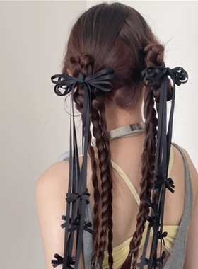zoozmini精致芭蕾风黑色丝带蝴蝶结飘带发夹后脑勺甜酷双马尾发饰