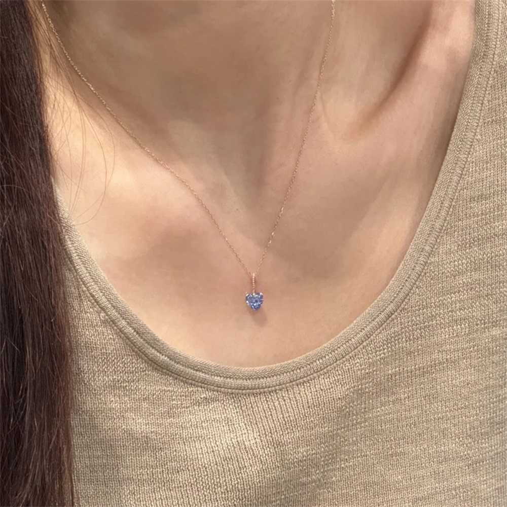 zoozmini蓝色闪钻爱心吊坠细款项链女高级感锁骨链简约百搭颈链潮