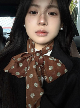 法式复古棕色波点丝巾女薄款长条
