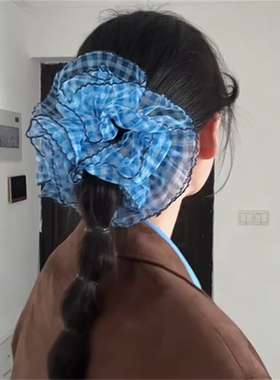 zoozmini韩系蓝色格子蕾丝花边花苞大肠发圈高级感头绳丸子头发饰