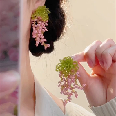 田园法式串珠浮夸风耳钉女长款