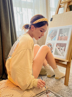 zoozmini巨显白鹅黄色高颅顶发箍女海绵布艺格子宽边头箍发卡发饰