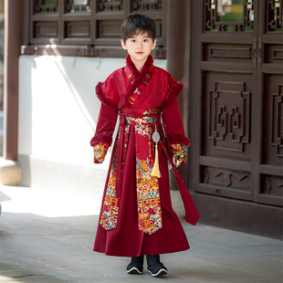 新款汉服男童拜年服中国风秋冬加厚加绒儿童古装酒红色过年冬季装