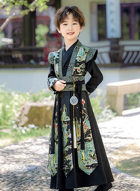 2026汉服男童春秋款儿童古装黑色帅气古风长款中国风春装演出织金