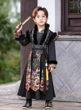 男童汉服冬装加绒加厚古装儿童帅气锦衣卫武侠风黑色连体国风秋冬