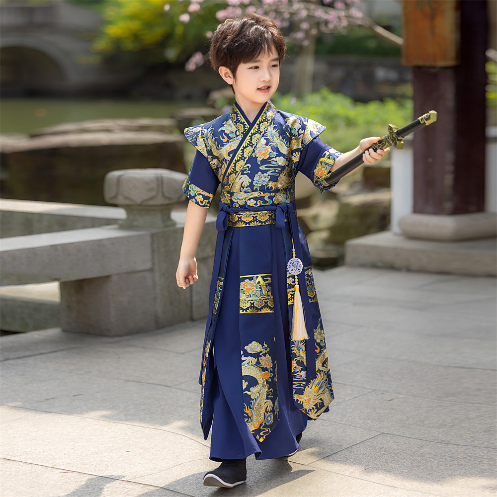 汉服男童夏季薄款短袖古装儿童藏青色透气织金长款侠客中国风夏装