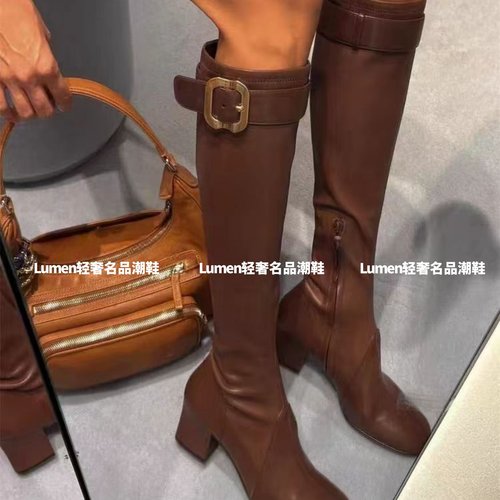 高端奢侈女鞋走秀粗跟拉链长筒靴