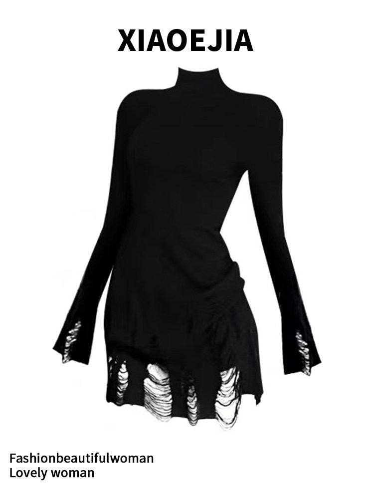 thumbnail for XIAOEJIA black high-neck ripped sweater autumn midi design slim pullover knit top