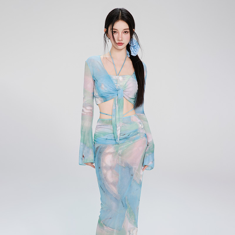 泳衣女款比基尼分体四件套长袖长裙性感纯欲风高级感2025新款泳装