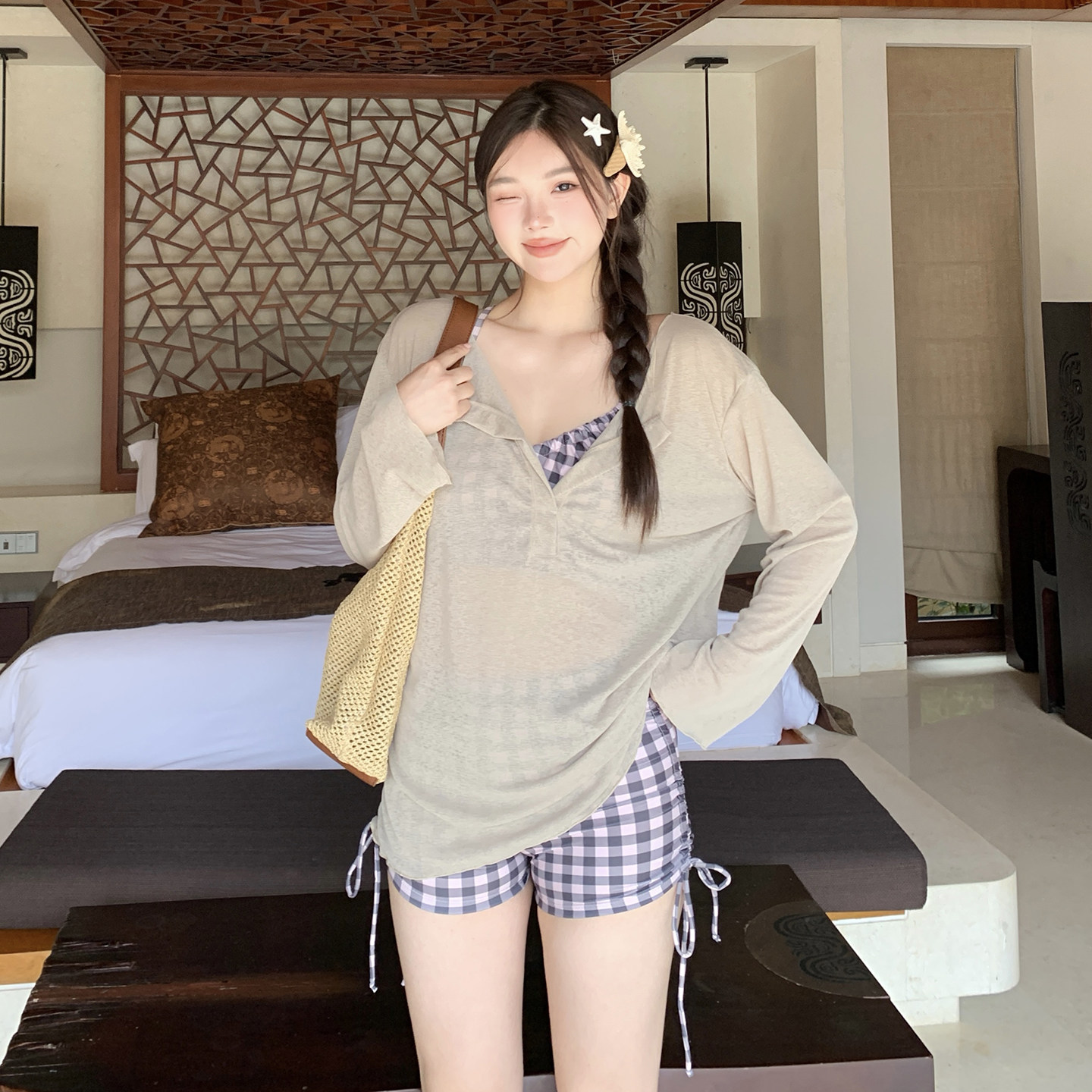 泳衣女款分体平角三件套罩衫长袖性感大码微胖女孩遮肉高级感温泉