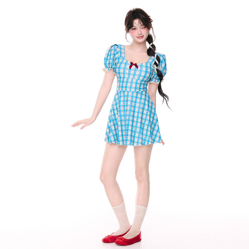 泳衣女款连体裙式保守微胖女孩遮肉格子小清新高级感绝美温泉泳装