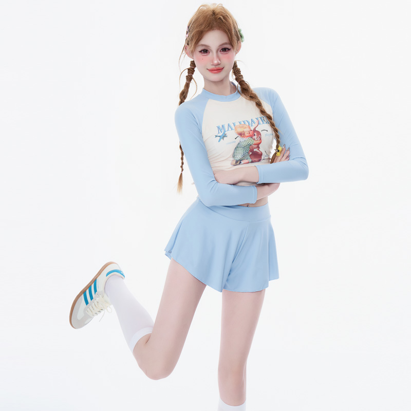 长袖泳衣女款分体保守运动三件套显瘦遮肚少女学生高级感温泉泳装