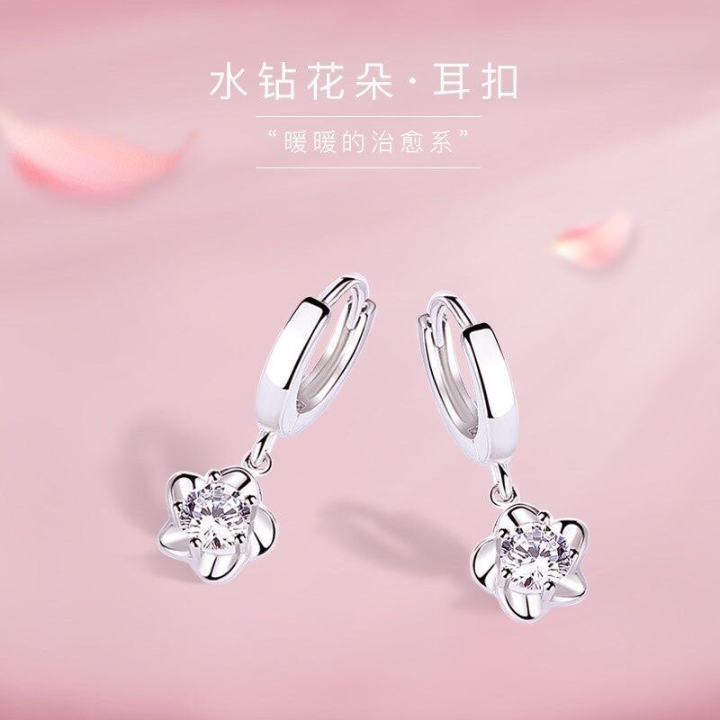 足银990纯银花朵耳环女时尚百搭微镶锆石小众耳圈耳坠耳饰