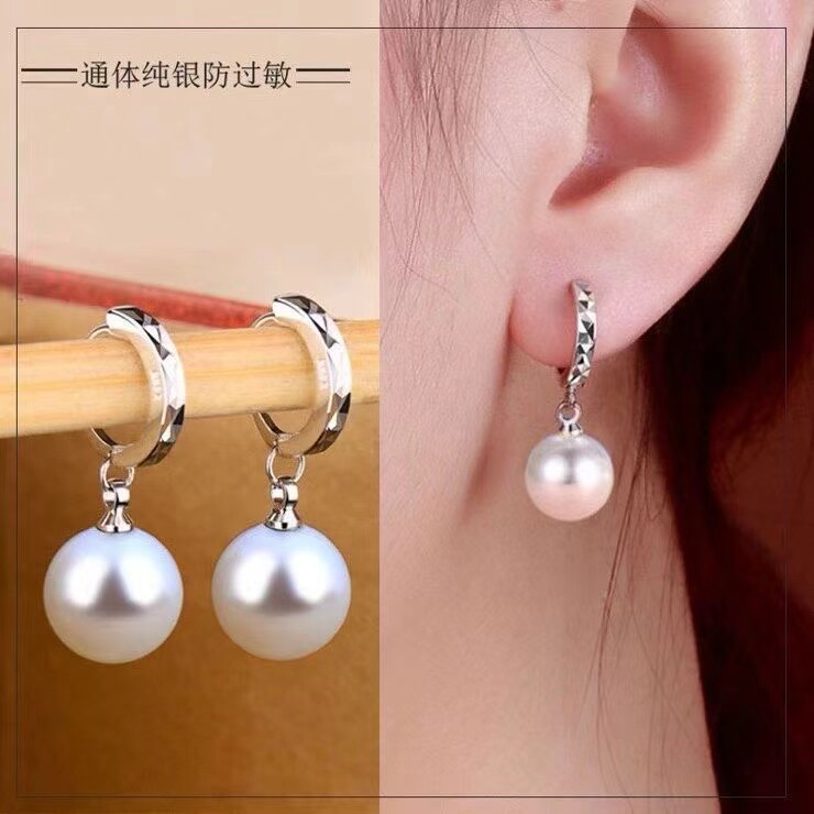 足银990贝珠耳环女气质简约百搭耳坠银耳饰品耳扣银钉