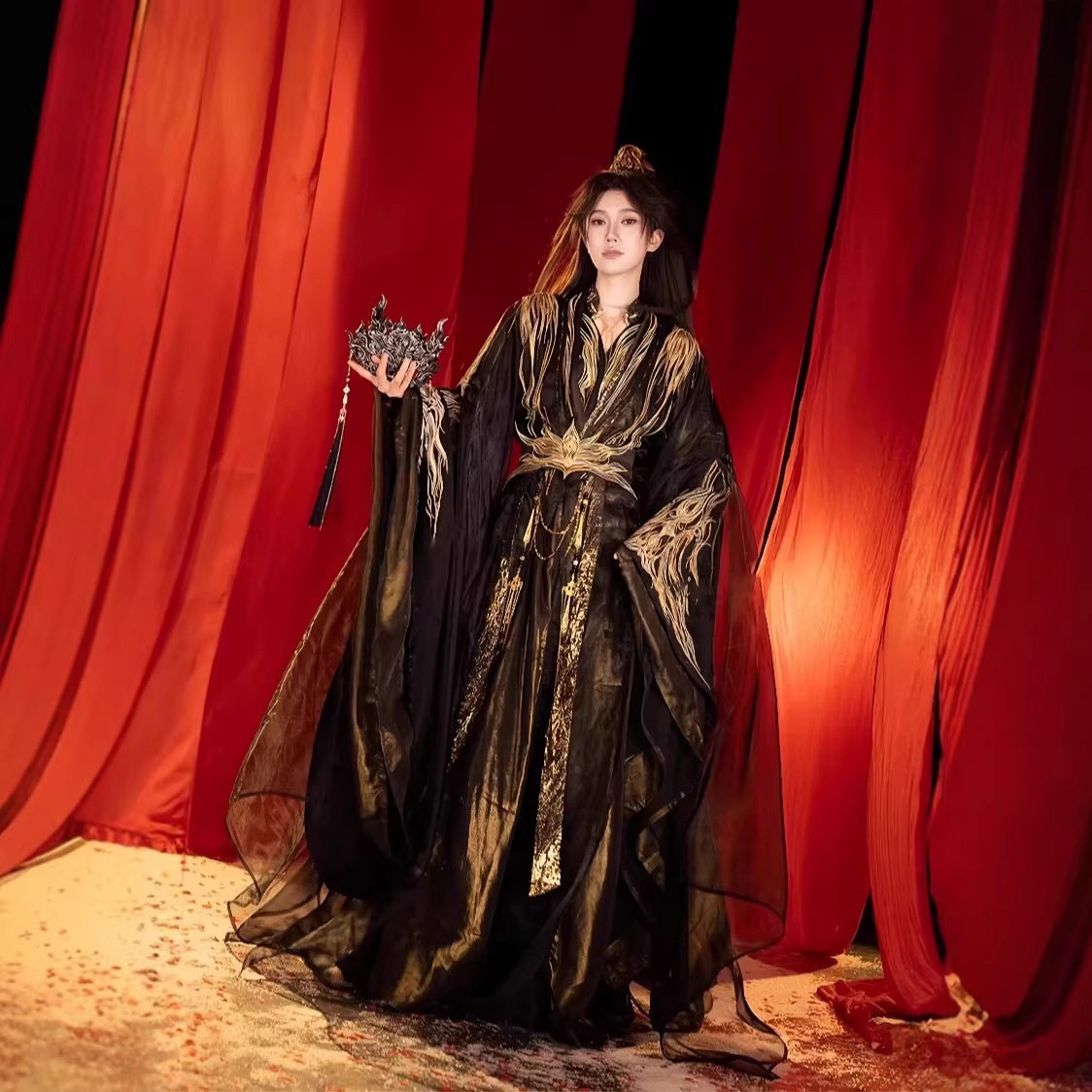 汉服男款立领重工绣男女同款汉服仙侠风春秋季套装黑色长衫大袖