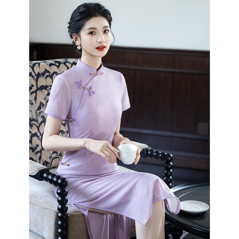 春夏新款改良女旗袍复古日常短袖显瘦新中式紫色显白长款连衣裙女