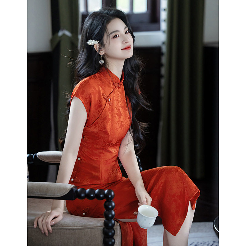 新中式橘色旗袍女中国风提花气质小众复古日常可穿小个子连衣裙女