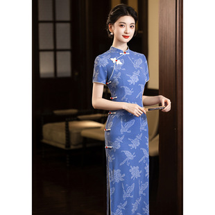 蓝色旗袍女夏新款短袖小个子绝美新中式改良大码日常民国风连衣裙