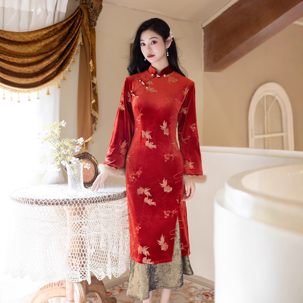 红色旗袍冬季2025新款改良气质年轻加厚加绒新中式日常连衣裙