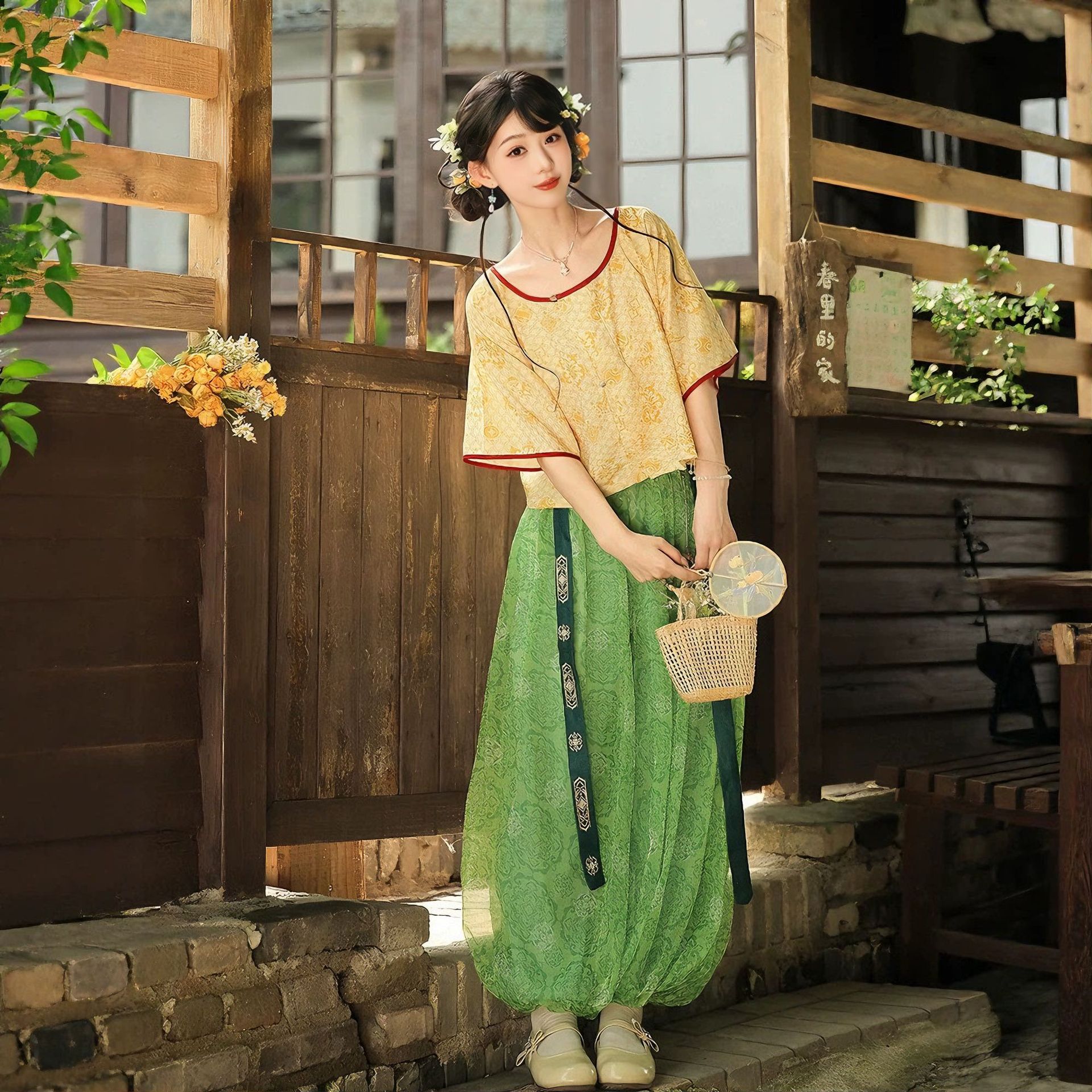原创唐制汉服女2026新款唐圆领短袖上衣刺绣松紧灯笼裤小清新古装