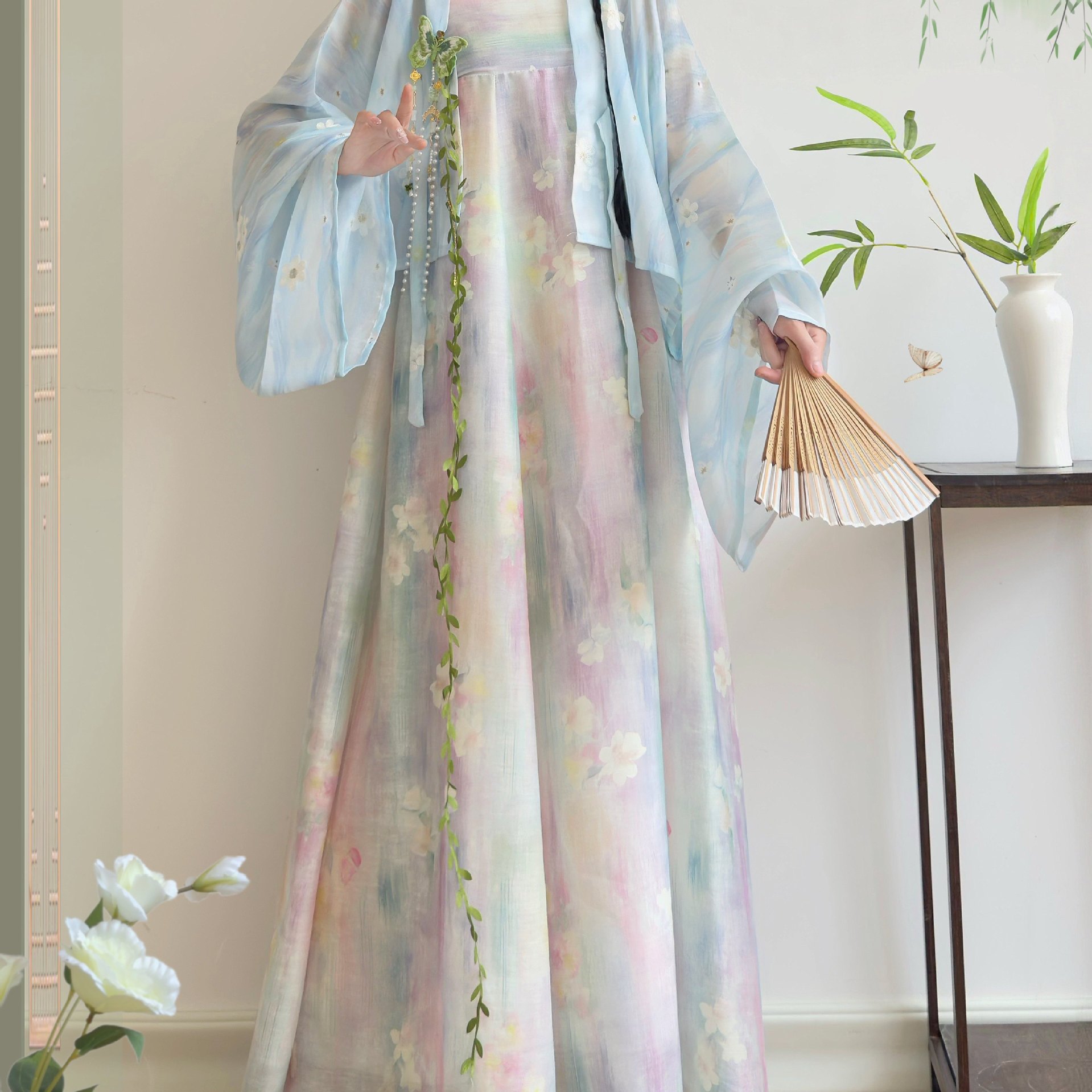 洛竹汉服【夏日海滨】法门寺披衫碎花吊带裙日常汉元素新中式夏