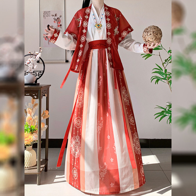 汉虞葵原创汉服【秋歌】女唐制齐腰裙日常唐褙子襦裙绣花春秋款