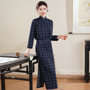 蓝色格子套装冬装国风新中式长款长袖改良旗袍2026新款女复古