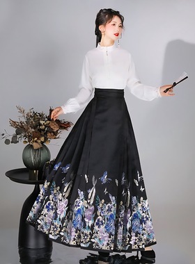原创明制织金马面裙【步步生花】汉元素衬衣女八分日常黑色马面裙