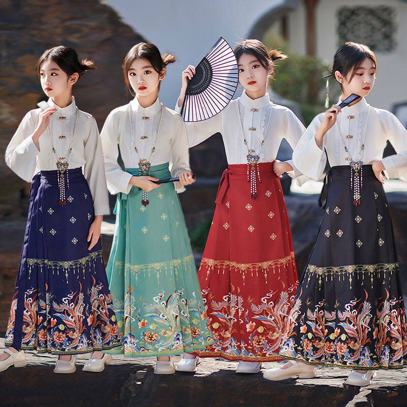 国风女童马面裙儿童套装春秋款中国风唐装长袖儿童汉服日常半身裙