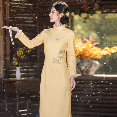 刺绣蓝色加绒加厚冬装新中式长款长袖改良旗袍年轻款女复古秋冬季