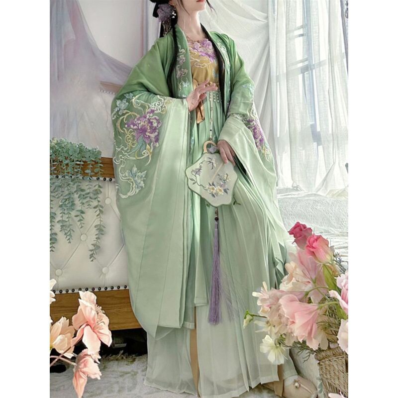 原创汉服女唐制中国风刺绣齐胸诃子裙大袖衫绿色春夏秋季古风套装