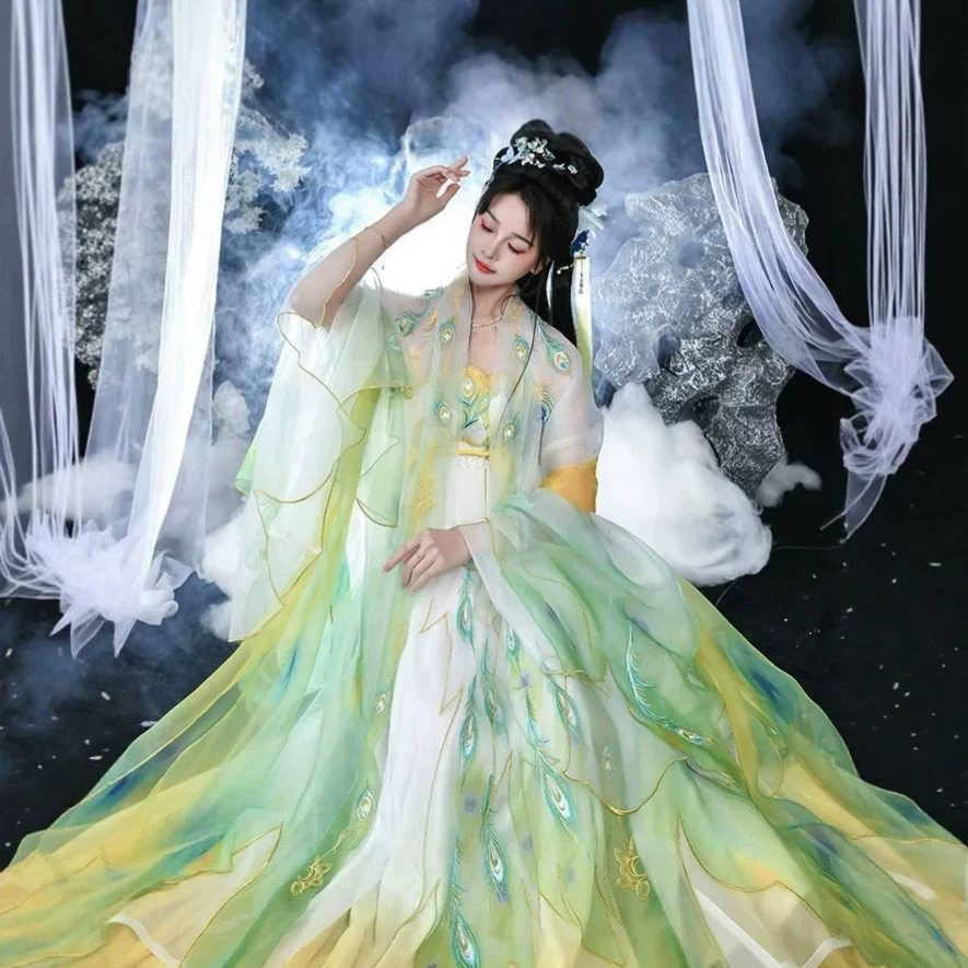 唐制原创汉服女夏诃子裙孔雀翎绣花大袖衫国风对襟襦裙十二花神