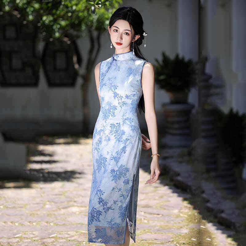 夏季新款无袖旗袍长款日常年轻复古改良中国风气质素雅连衣裙